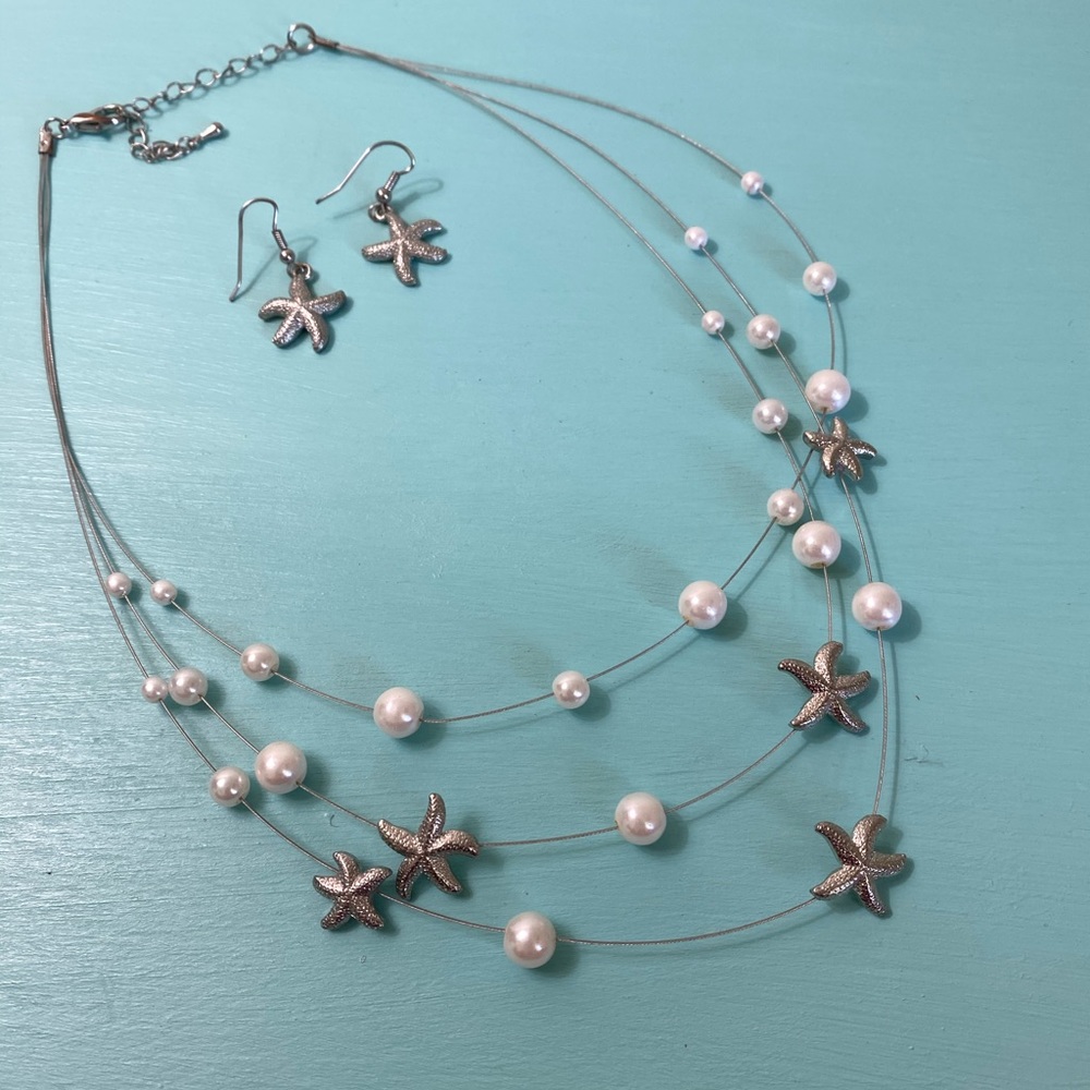 Starfish, Imitation Pearl Necklace and Earring Set